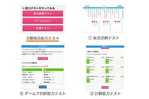 ３種類の能力判断テストおよびランキング機能